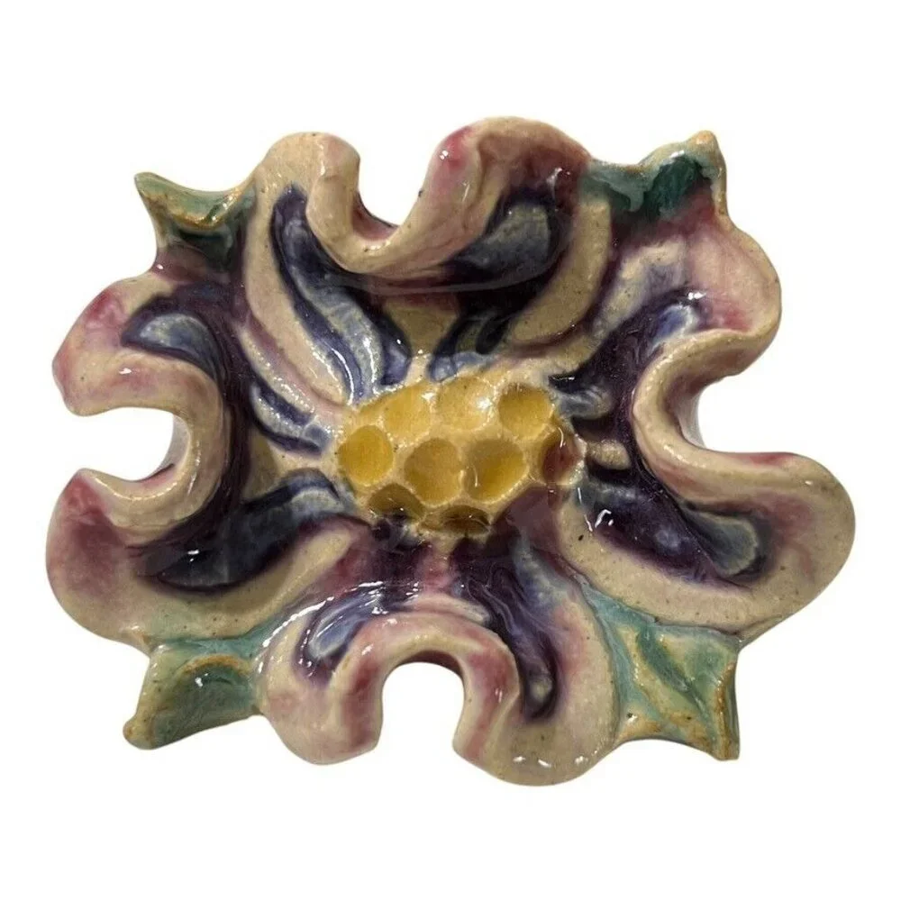 8 Judy Jones Pottery Signed Napkin Rings Studio Art Floral Design Multicolor Vtg